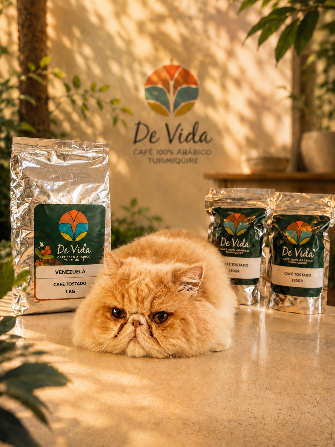 Gato junto a empaques de Café de Vida en una ambientación natural.